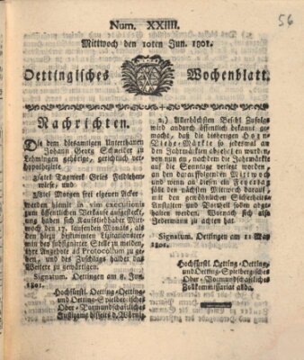 Oettingisches Wochenblatt Mittwoch 10. Juni 1801