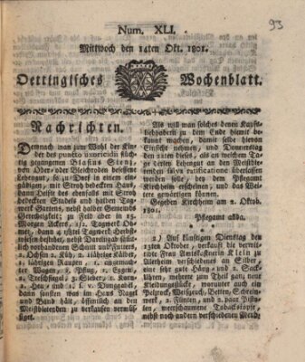 Oettingisches Wochenblatt Mittwoch 14. Oktober 1801