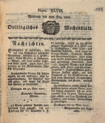 Oettingisches Wochenblatt Mittwoch 2. Dezember 1801