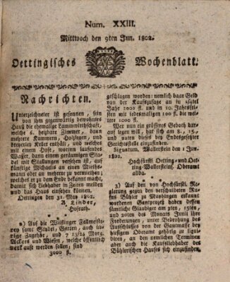 Oettingisches Wochenblatt Mittwoch 9. Juni 1802