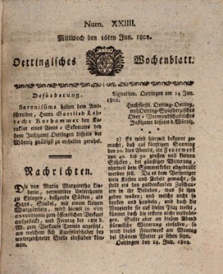 Oettingisches Wochenblatt Mittwoch 16. Juni 1802