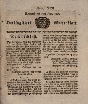 Oettingisches Wochenblatt Mittwoch 1. Juni 1803