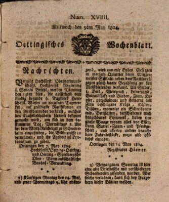 Oettingisches Wochenblatt Mittwoch 9. Mai 1804