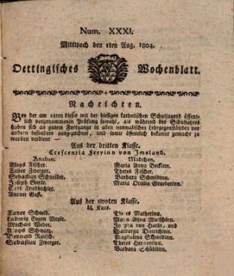 Oettingisches Wochenblatt Mittwoch 1. August 1804