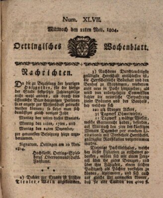 Oettingisches Wochenblatt Mittwoch 21. November 1804