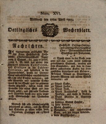 Oettingisches Wochenblatt Mittwoch 17. April 1805