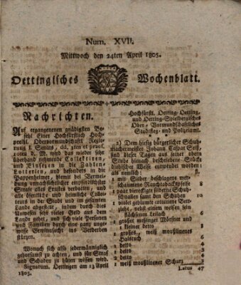 Oettingisches Wochenblatt Mittwoch 24. April 1805