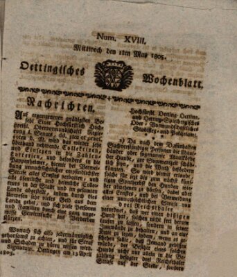 Oettingisches Wochenblatt Mittwoch 1. Mai 1805