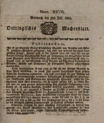 Oettingisches Wochenblatt Mittwoch 3. Juli 1805