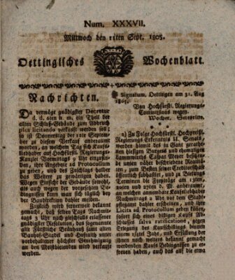 Oettingisches Wochenblatt Mittwoch 11. September 1805