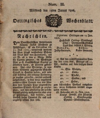 Oettingisches Wochenblatt Mittwoch 15. Januar 1806