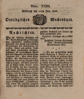 Oettingisches Wochenblatt Mittwoch 11. Juni 1806