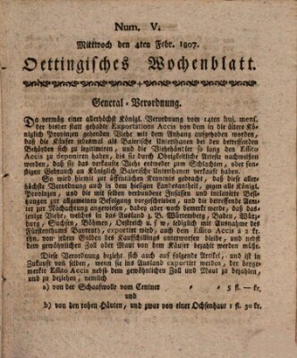 Oettingisches Wochenblatt Mittwoch 4. Februar 1807