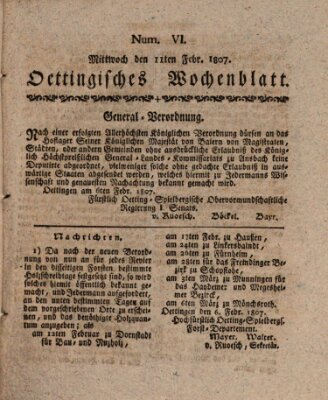 Oettingisches Wochenblatt Mittwoch 11. Februar 1807