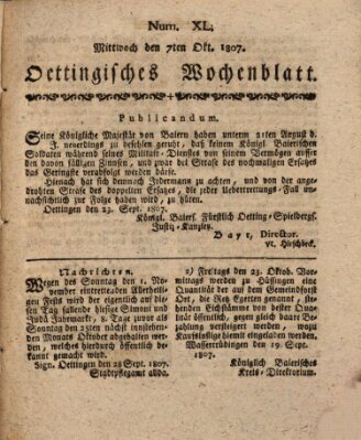 Oettingisches Wochenblatt Mittwoch 7. Oktober 1807