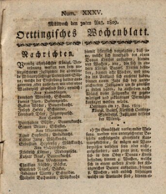 Oettingisches Wochenblatt Mittwoch 30. August 1809