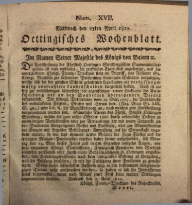 Oettingisches Wochenblatt Mittwoch 25. April 1810