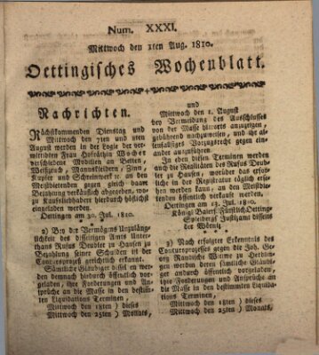 Oettingisches Wochenblatt Mittwoch 1. August 1810