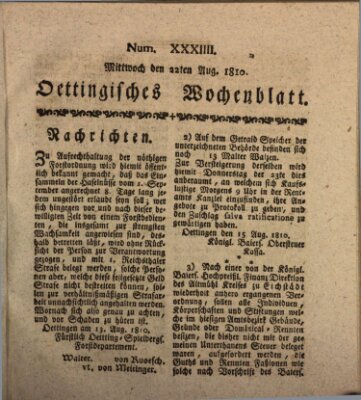 Oettingisches Wochenblatt Mittwoch 22. August 1810