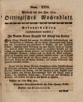 Oettingisches Wochenblatt Mittwoch 3. Juni 1812