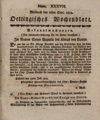 Oettingisches Wochenblatt Mittwoch 16. September 1812