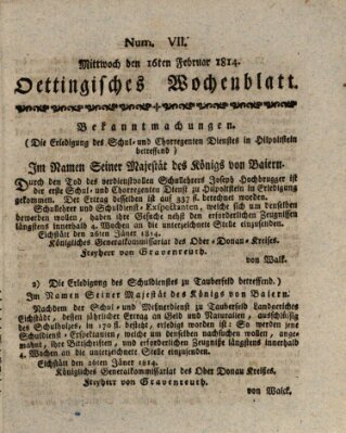 Oettingisches Wochenblatt Mittwoch 16. Februar 1814