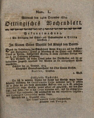 Oettingisches Wochenblatt Mittwoch 14. Dezember 1814