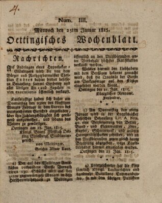 Oettingisches Wochenblatt Mittwoch 25. Januar 1815