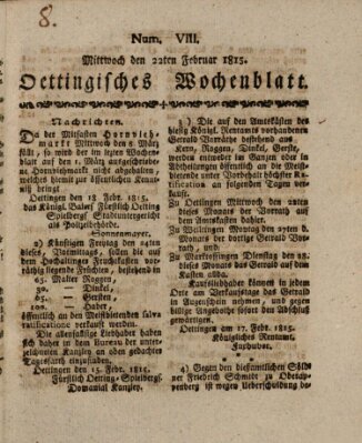 Oettingisches Wochenblatt Mittwoch 22. Februar 1815