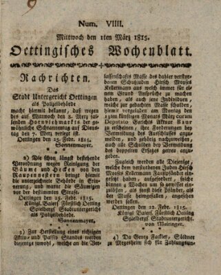 Oettingisches Wochenblatt Mittwoch 1. März 1815