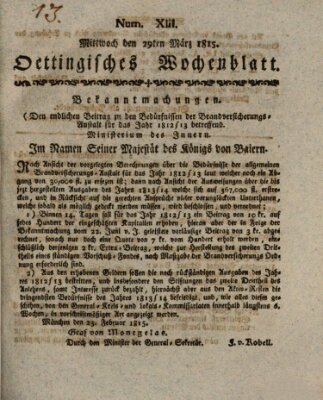 Oettingisches Wochenblatt Mittwoch 29. März 1815