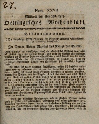 Oettingisches Wochenblatt Mittwoch 5. Juli 1815