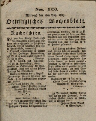 Oettingisches Wochenblatt Mittwoch 2. August 1815