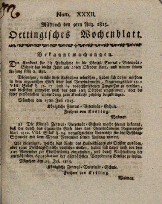 Oettingisches Wochenblatt Mittwoch 9. August 1815