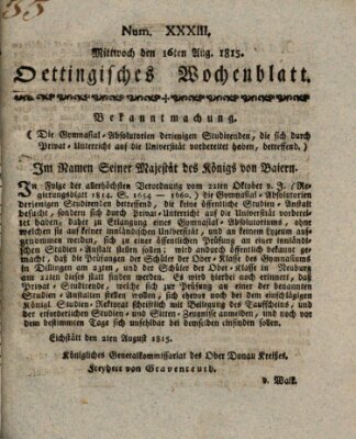 Oettingisches Wochenblatt Mittwoch 16. August 1815