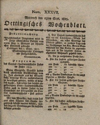 Oettingisches Wochenblatt Mittwoch 13. September 1815