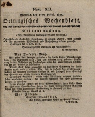 Oettingisches Wochenblatt Mittwoch 11. Oktober 1815