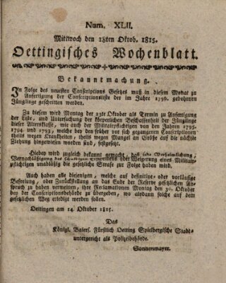 Oettingisches Wochenblatt Mittwoch 18. Oktober 1815