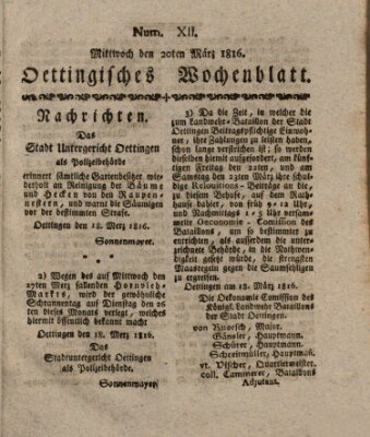 Oettingisches Wochenblatt Mittwoch 20. März 1816