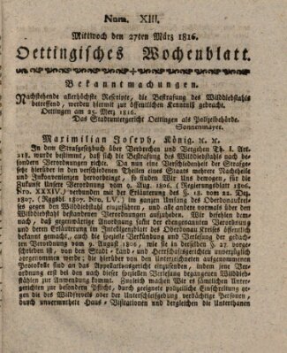 Oettingisches Wochenblatt Mittwoch 27. März 1816