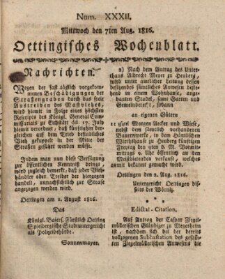 Oettingisches Wochenblatt Mittwoch 7. August 1816