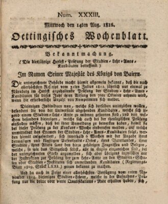 Oettingisches Wochenblatt Mittwoch 14. August 1816