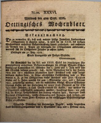 Oettingisches Wochenblatt Mittwoch 4. September 1816