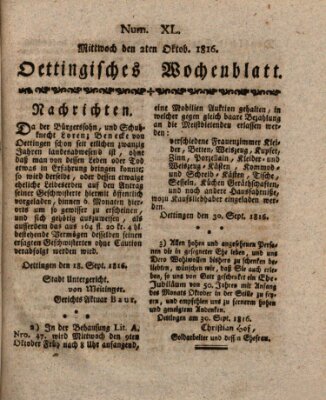 Oettingisches Wochenblatt Mittwoch 2. Oktober 1816