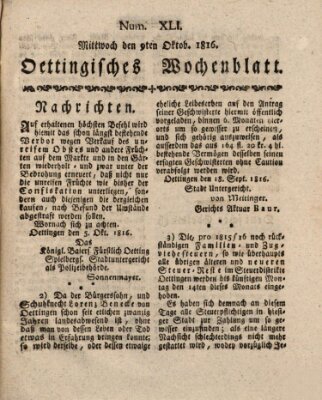 Oettingisches Wochenblatt Mittwoch 9. Oktober 1816