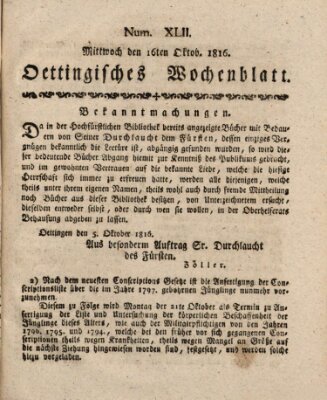 Oettingisches Wochenblatt Mittwoch 16. Oktober 1816