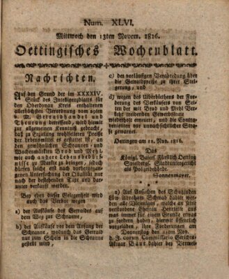 Oettingisches Wochenblatt Mittwoch 13. November 1816