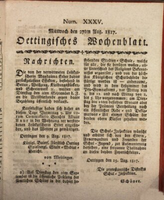 Oettingisches Wochenblatt Mittwoch 27. August 1817