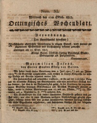 Oettingisches Wochenblatt Mittwoch 1. Oktober 1817