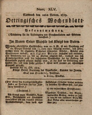 Oettingisches Wochenblatt Mittwoch 10. November 1819